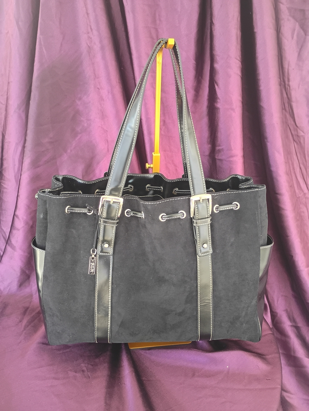 Ralph Lauren Black Suede Drawstring Tote with Leather Trim